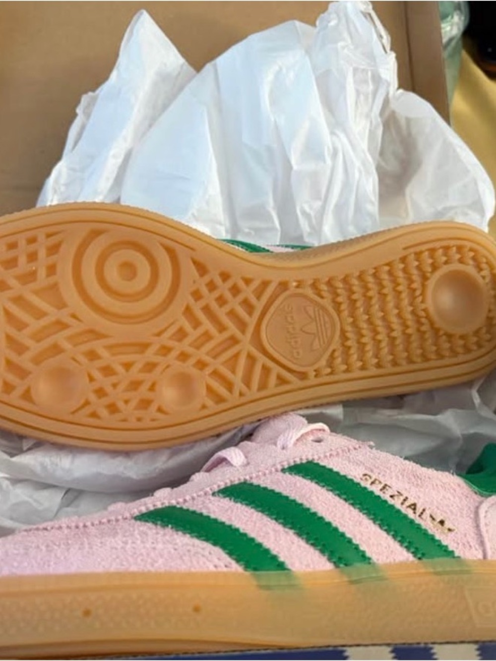 adidas Women's Pink Suede Sneakers with Green Stripes and Gum Sole - Picture 4 of 4
